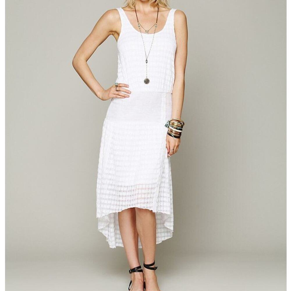 FREE PEOPLE Boho Midi Dress White Beachy High Low Hem Textured Festival Resort M